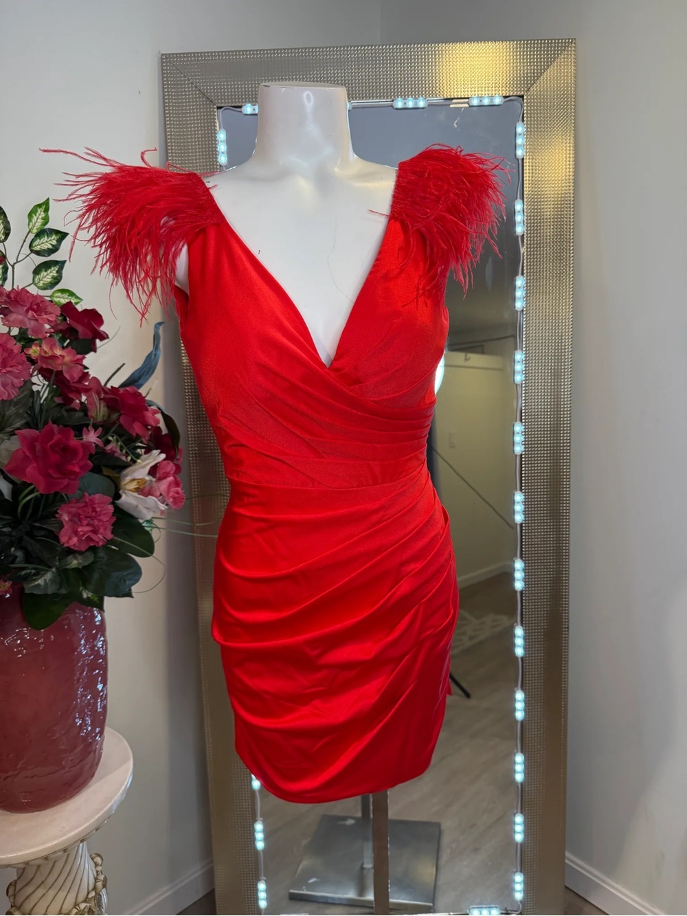 Red Feather-Trim Wrap Mini Dress - Unbranded